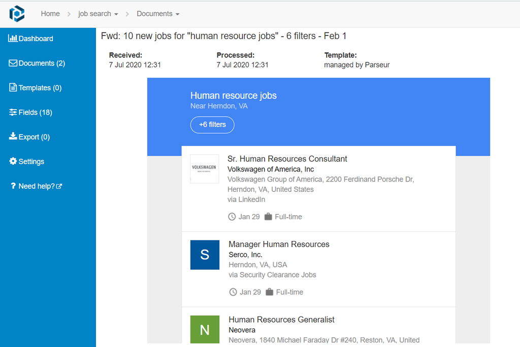 A screen capture of job search email