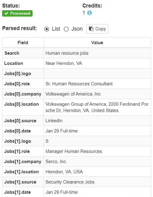 A screen capture of job search data