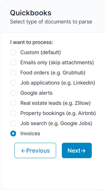 Select the option "invoice" for the Parseur mailbox