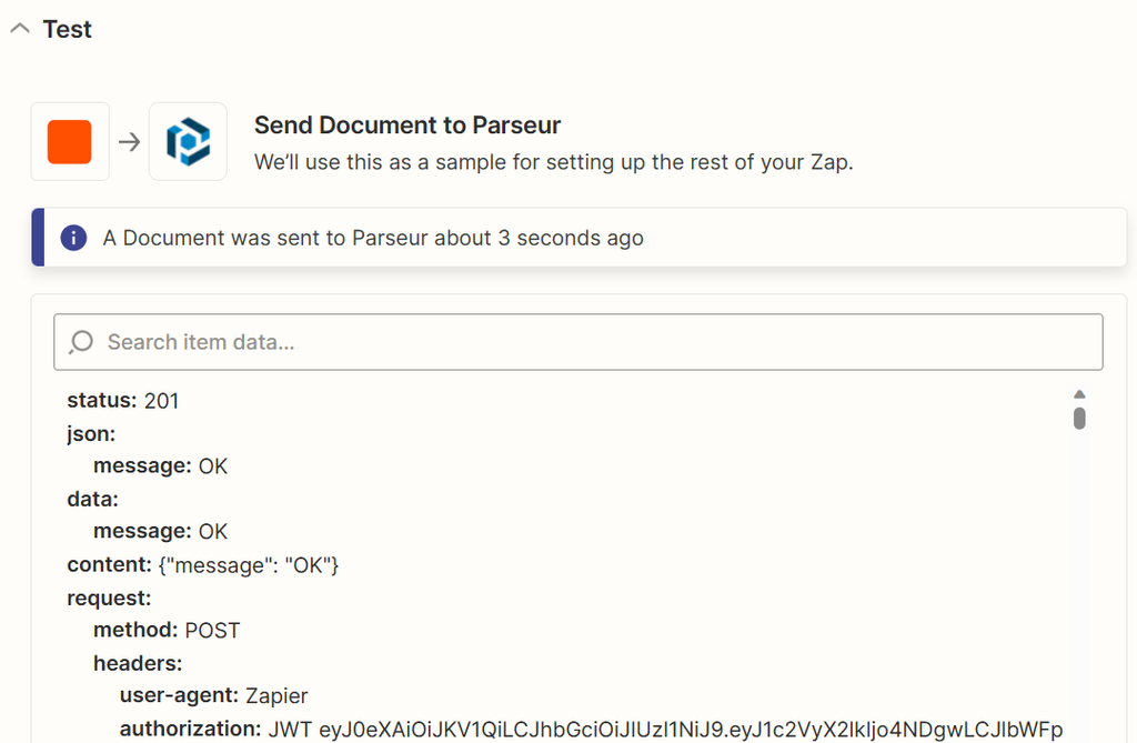 Send a test from Zapier to OneDrive