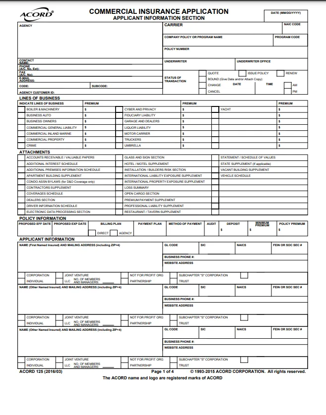 Example of an Acord 125 form