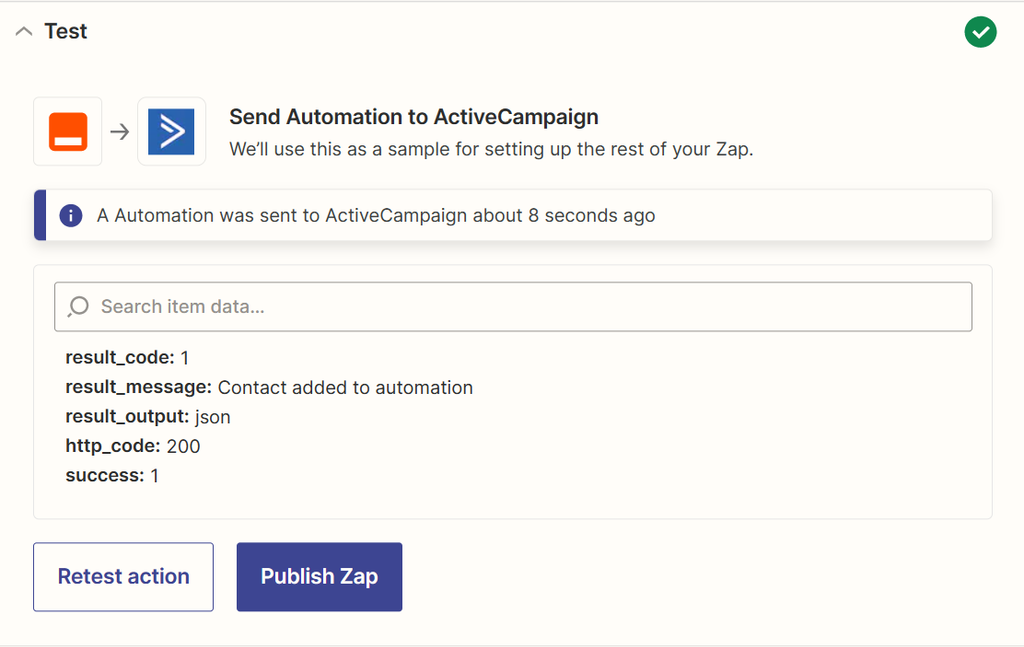 A screen capture of active campaign zap