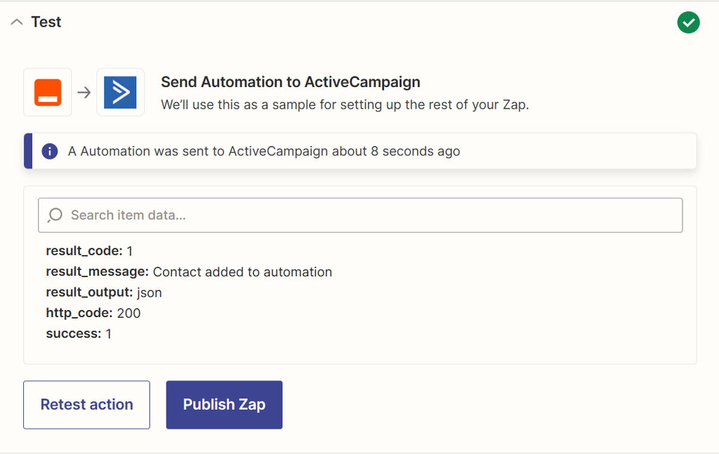 Una schermata dello zap di ActiveCampaign