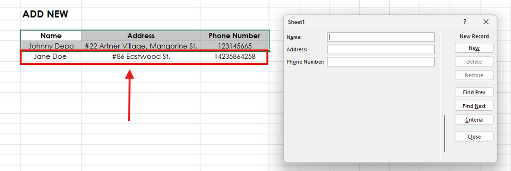 Add a record A screen capture of Excel