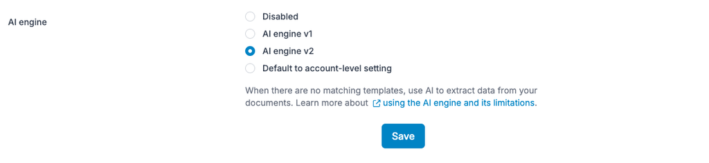 A screen capture of the AI engine setting from a Parseur mailbox