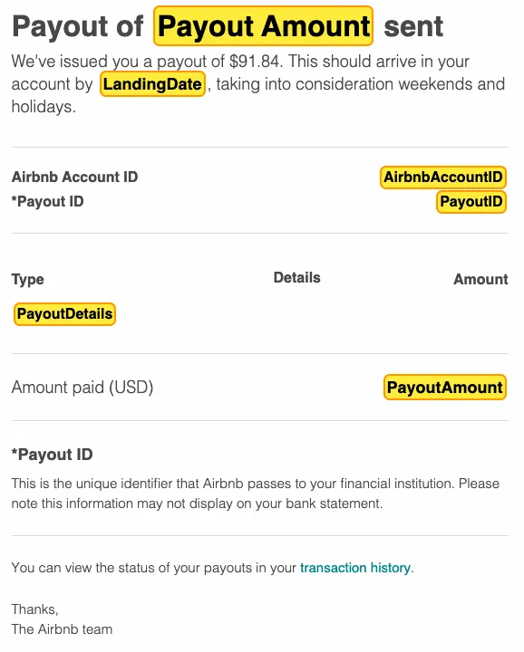 A screen capture of airbnb payout emails