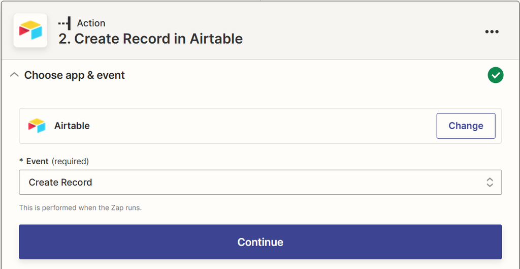 Choose "event" as "create record" in Airtable