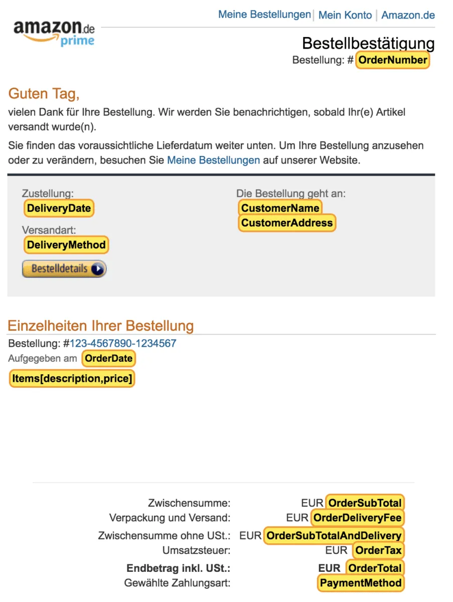 Screenshot einer Amazon-Vorlage