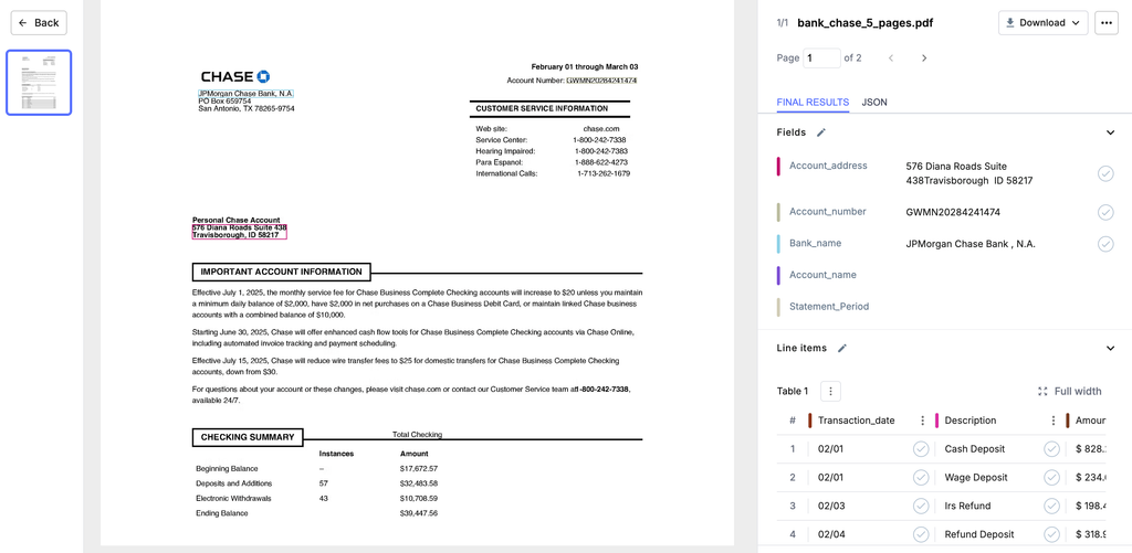 Docsumo showing extracted fields and transaction line items from the 5-page Chase bank statement
