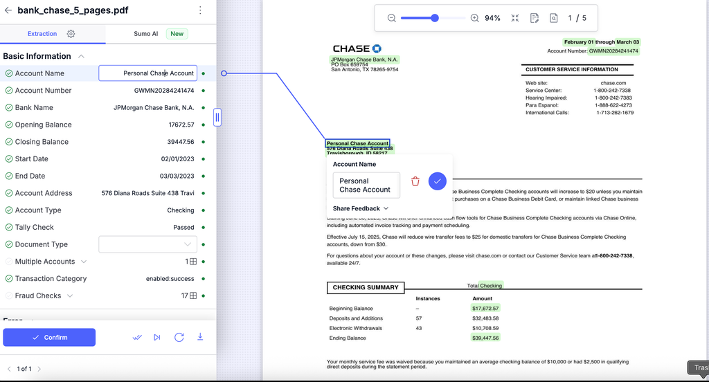 Nanonets showing structured extraction results from the 5-page Chase bank statement