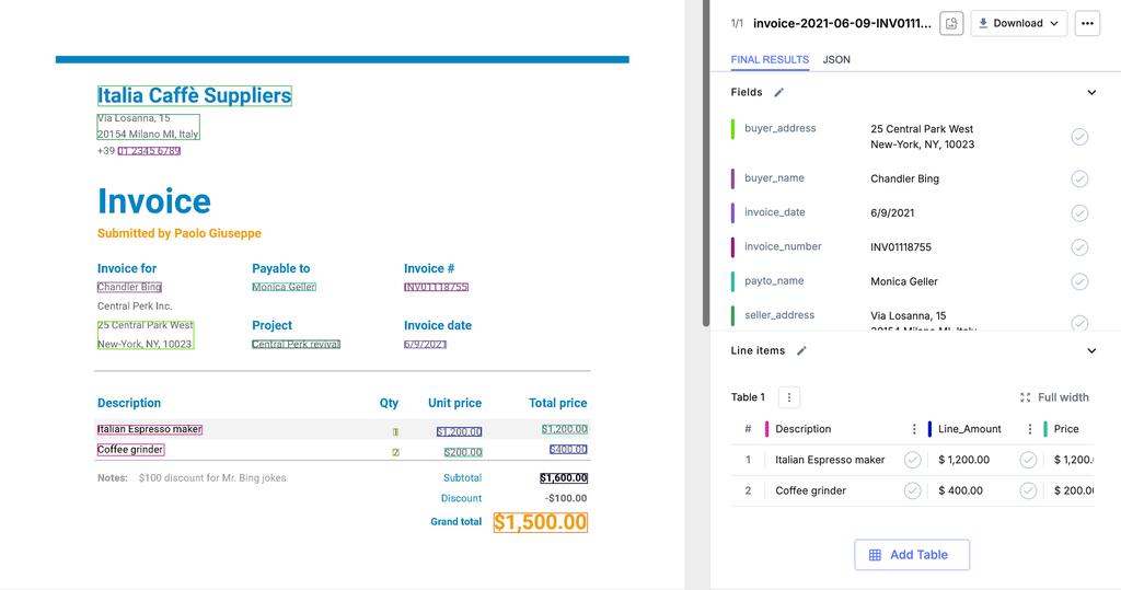 Nanonets: invoice extracted instantly with accurate field detection Nanonets invoice OCR showing structured data extracted from a real invoice PDF