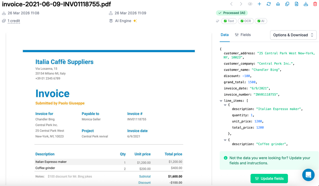 Parseur: invoice processed and data extracted in under 60 seconds Parseur invoice extraction showing structured fields extracted from a real invoice PDF in under 60 seconds