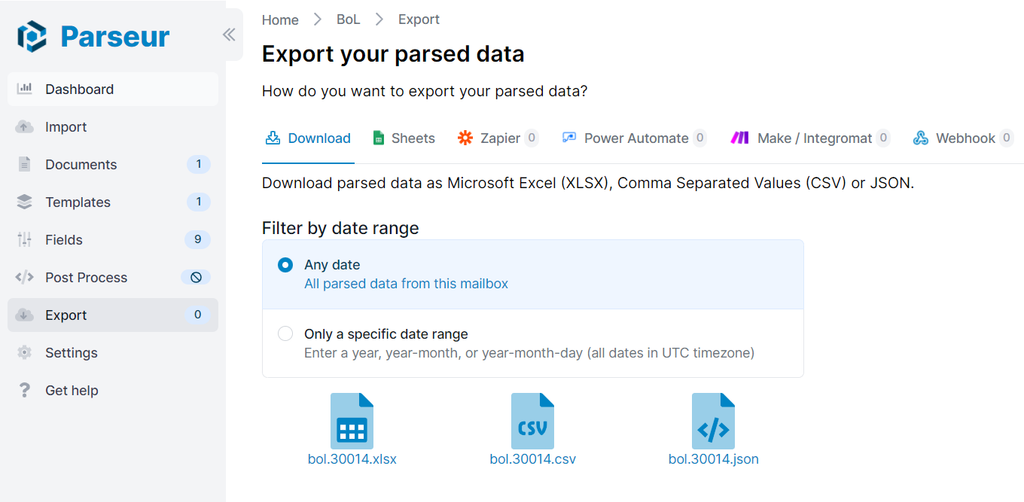 A screen capture of exporting bill of lading data
