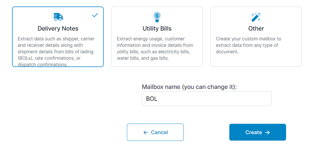 A screen capture of bill of lading mailbox