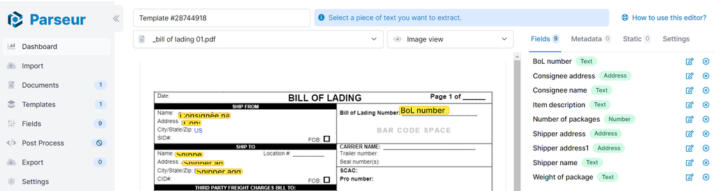 A screen capture of bill of lading template