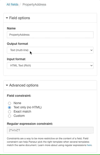 A screen capture of field format