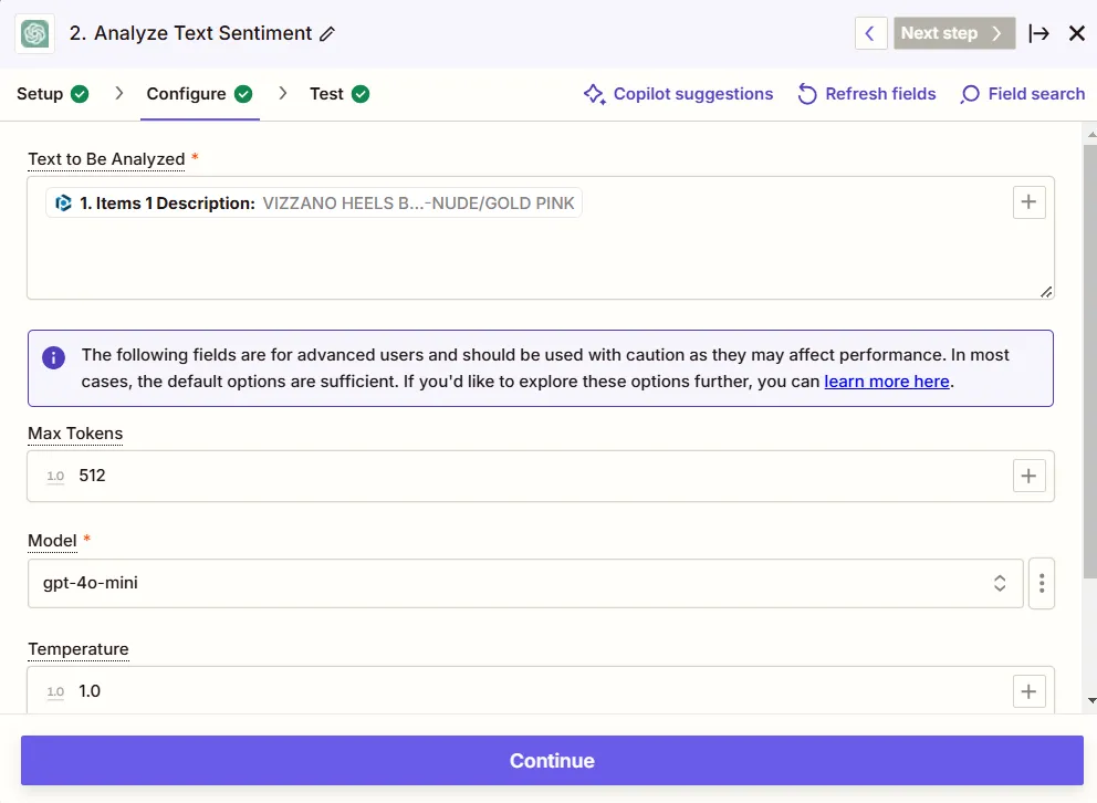 A screen capture of customizing data to send to ChatGPT