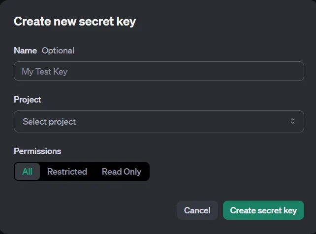 A screen capture of ChatGPT secret key