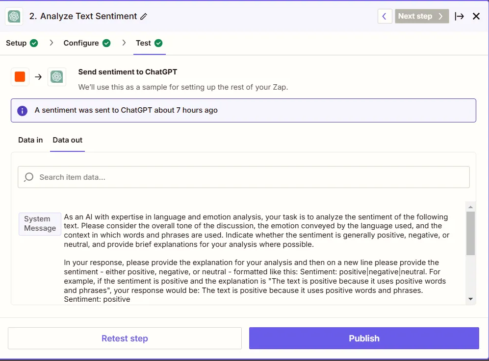 A screen capture of ChatGPT Zapier test