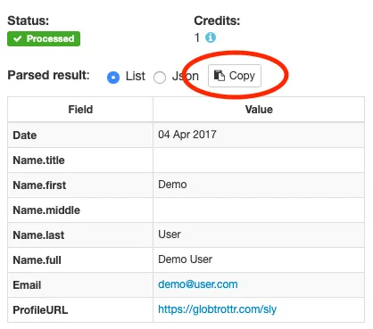 A screen capture of copy parsed data