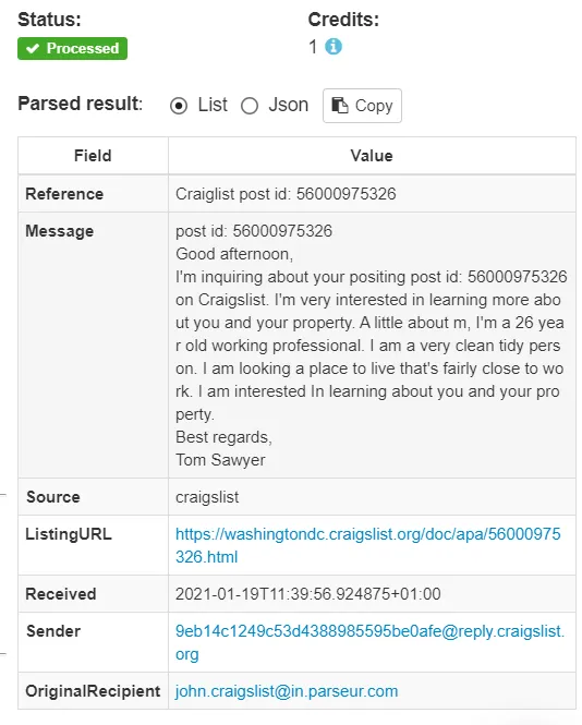 A screen capture of Craiglist data
