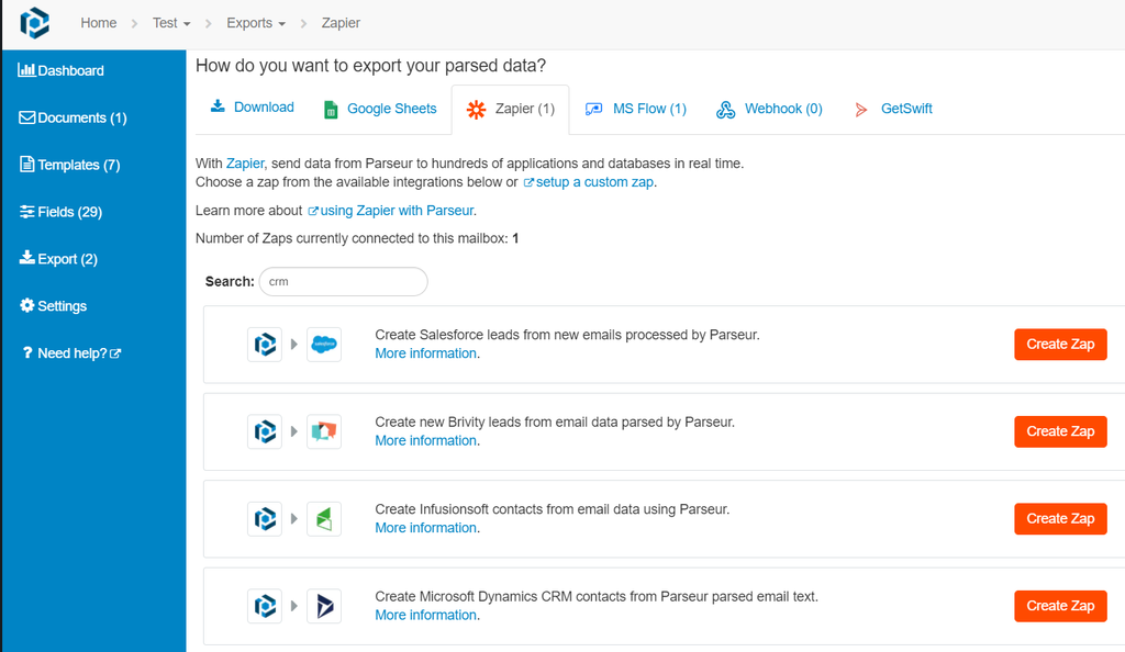 A screen capture of zapier and crm