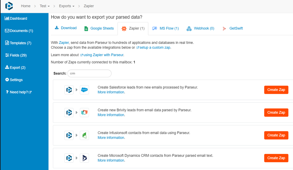 A screen capture of crm data export