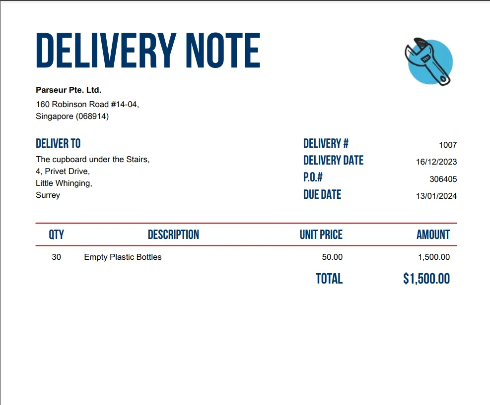 A screen capture of delivery note
