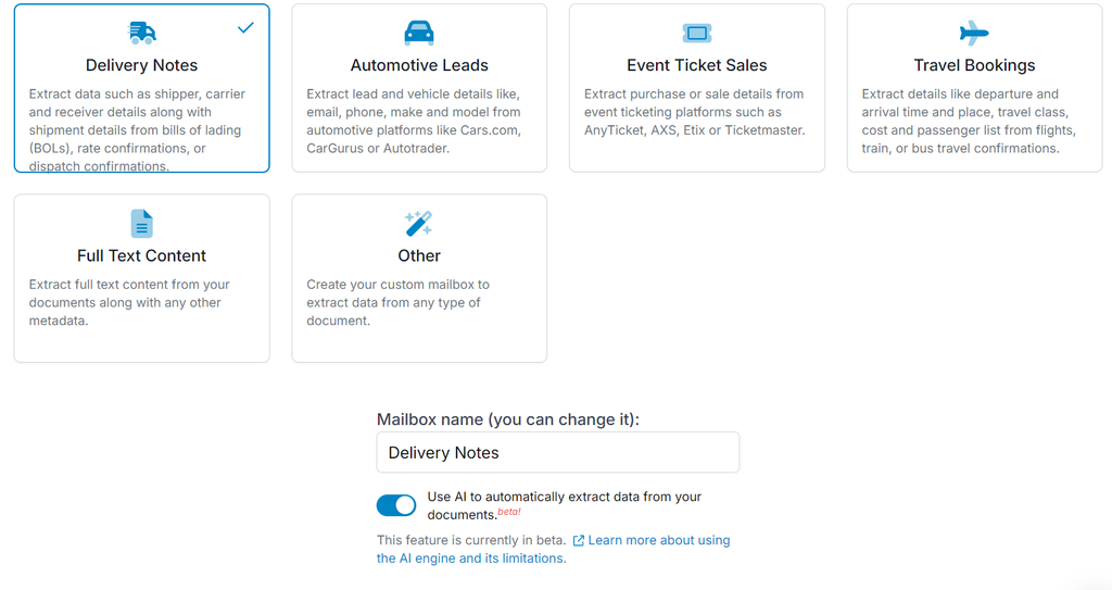 A screen capture of delivery note mailbox