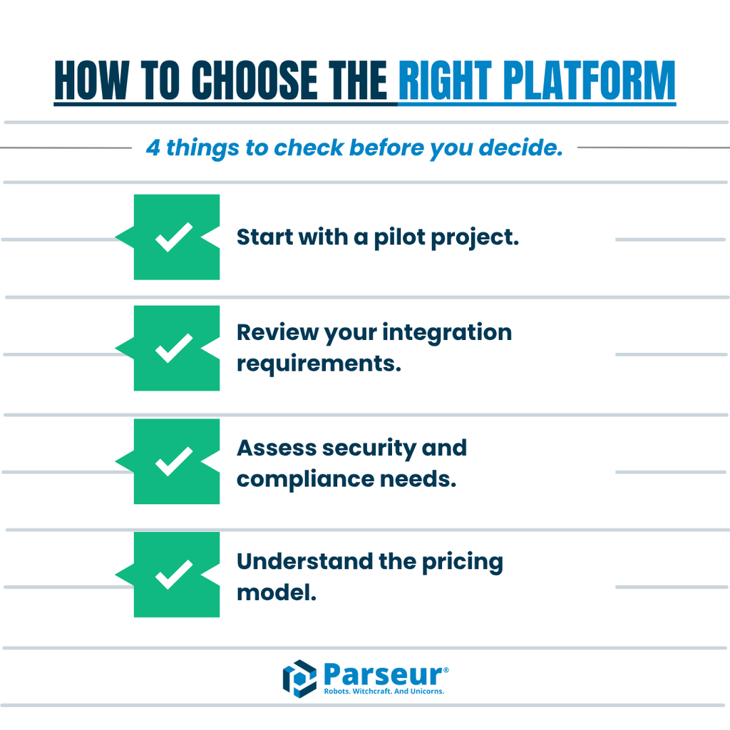 Evaluation checklist for choosing the right enterprise document automation platform How to evaluate document automation platforms for enterprise: run a pilot, review integrations, assess compliance, and compare pricing