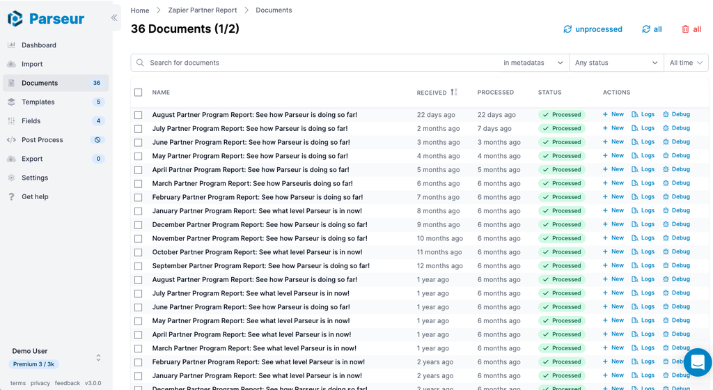 A screen capture of document list v3