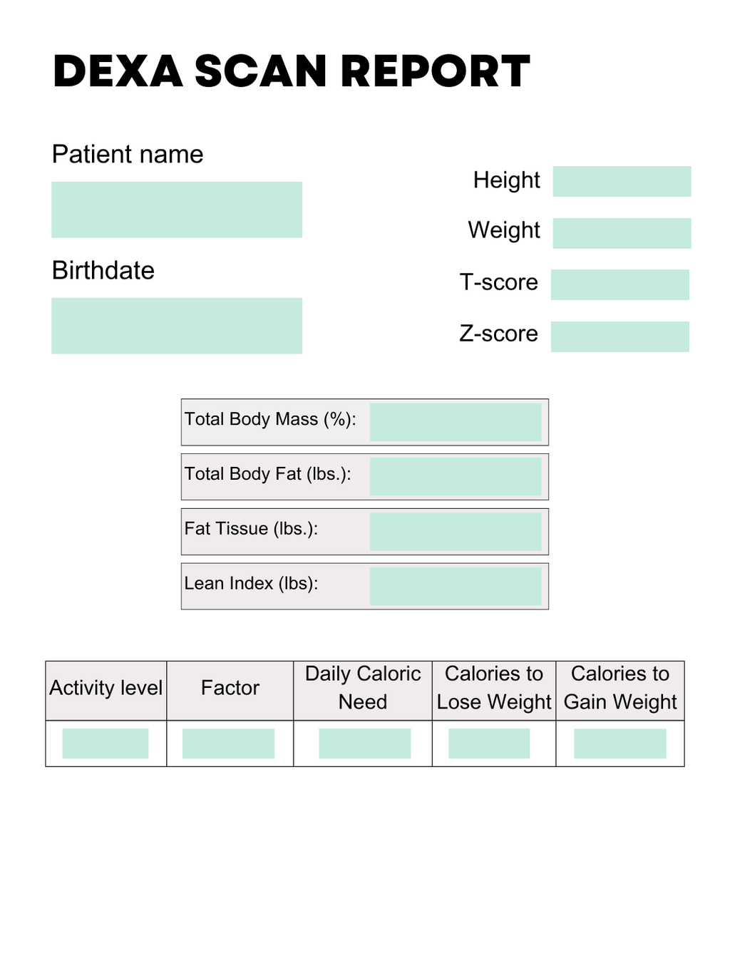 a visual representing a standard DEXA scan report
