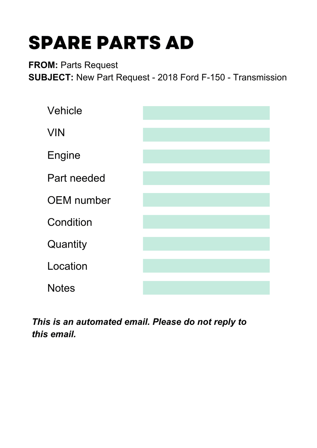 a visual representing a spare parts inquiry email