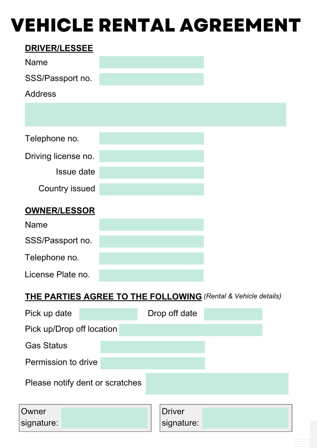 a visual representing a standard vehicle rental agreement