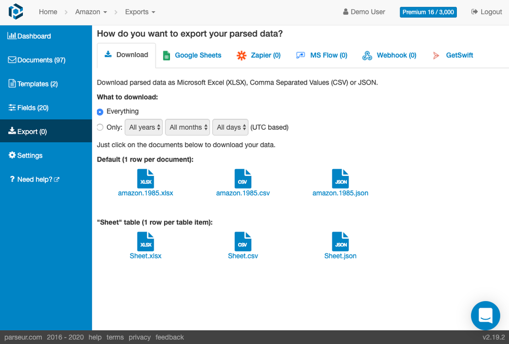 A screen capture of data export