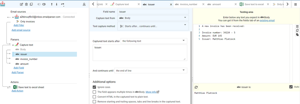 A screenshot of email parser