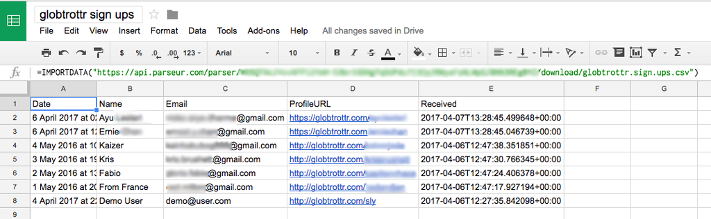 A screen capture of email to google sheet