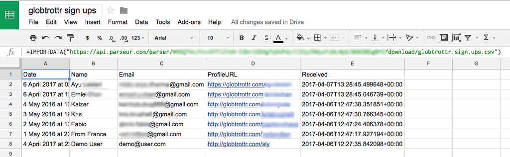 Ein Screenshot von E-Mail zu Google Sheet