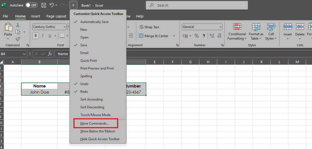 Choose more commands A screen capture of Excel