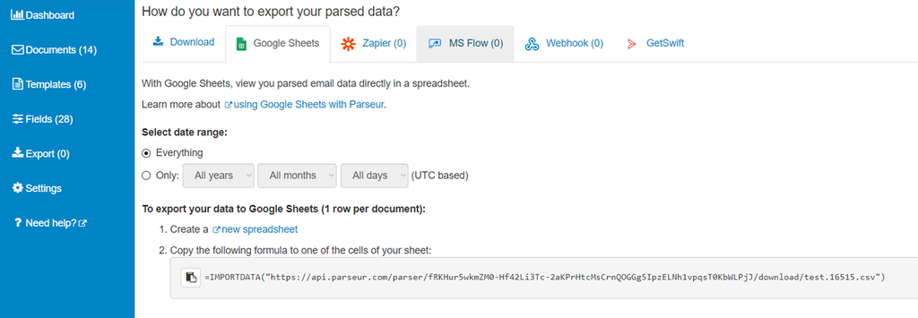 A screen capture of etsy data to google sheets