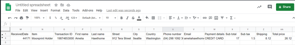 A screen capture of etsy data to google sheets
