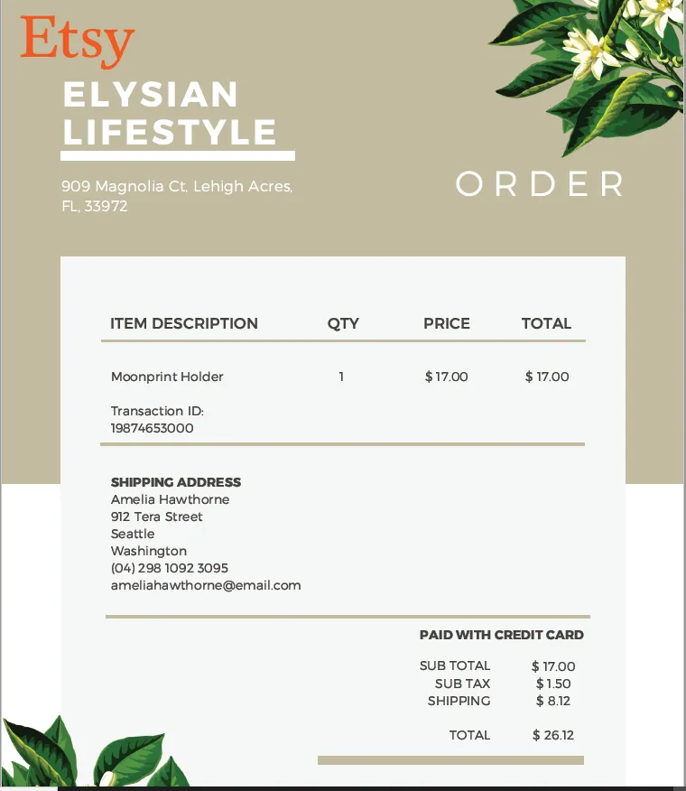 A screen capture of etsy order confirmation