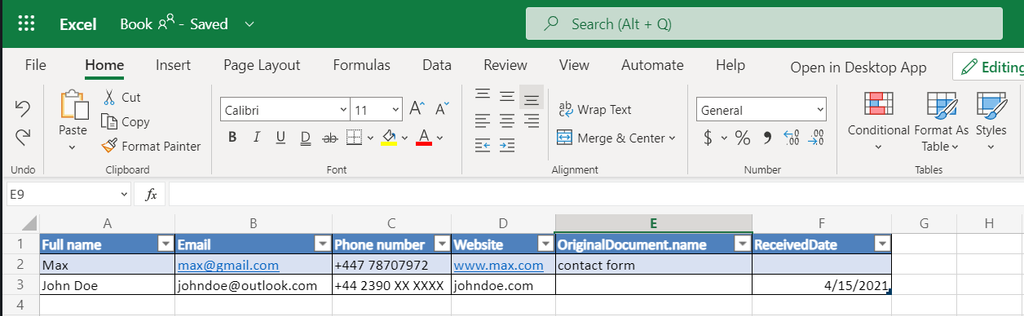 Parsed data added automatically to the Excel spreadsheet