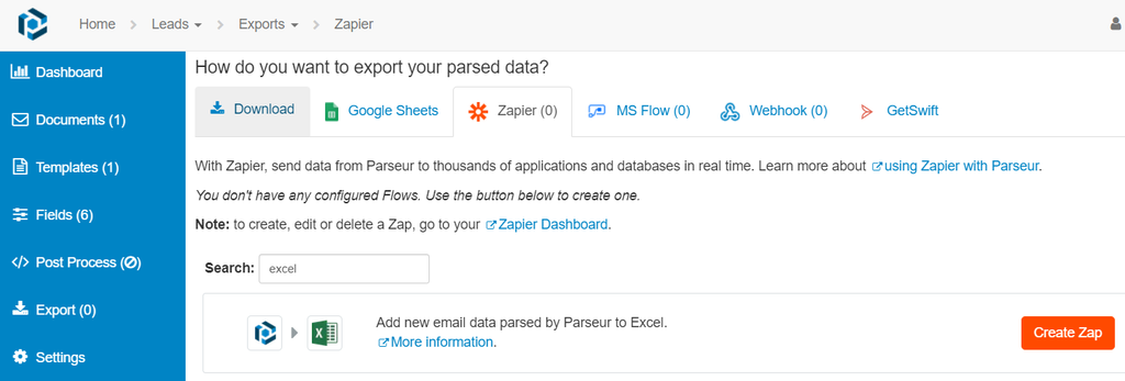 Search for Excel under Zapier