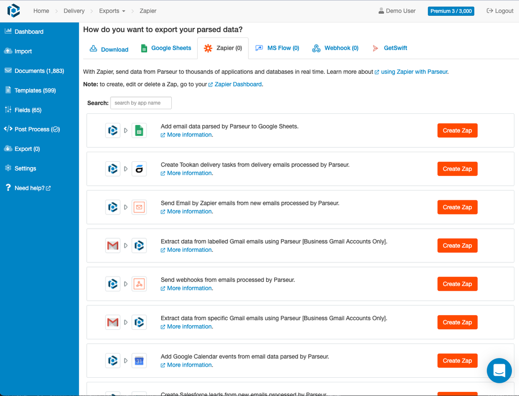 A screen capture of Zapier export screen