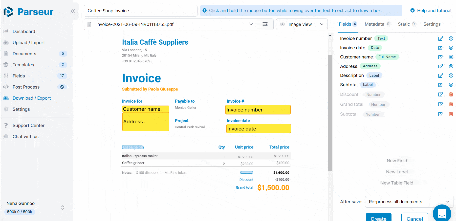 L'extraction d'un tableau à partir d'un fichier PDF avec Parseur est aussi simple qu'un pointer-cliquer