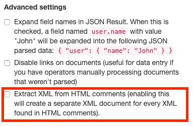 A screen capture of New extract XML setting