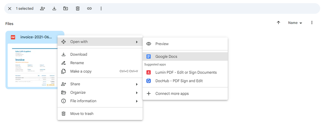 A screen capture of Open with Google docs