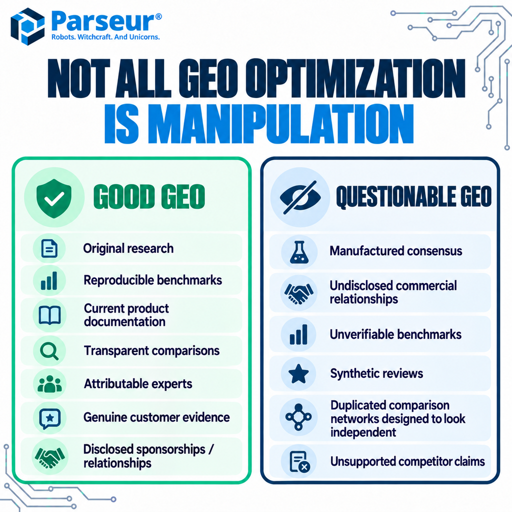 Not all GEO optimization is manipulation: transparent evidence versus manufactured consensus