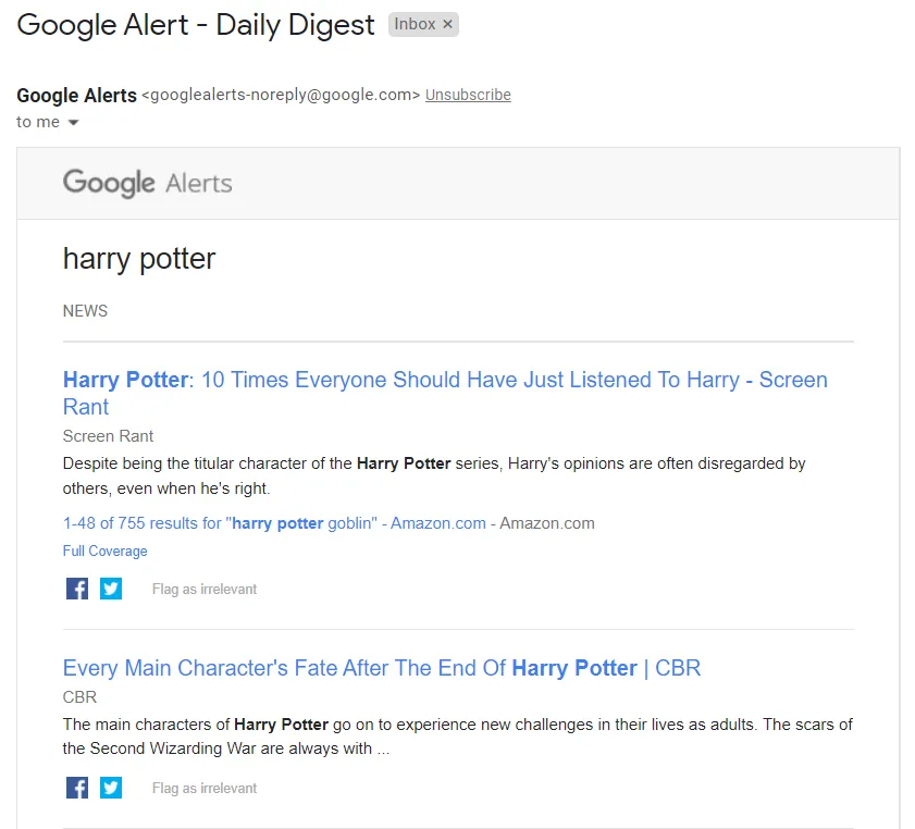 Example of a Google alerts email